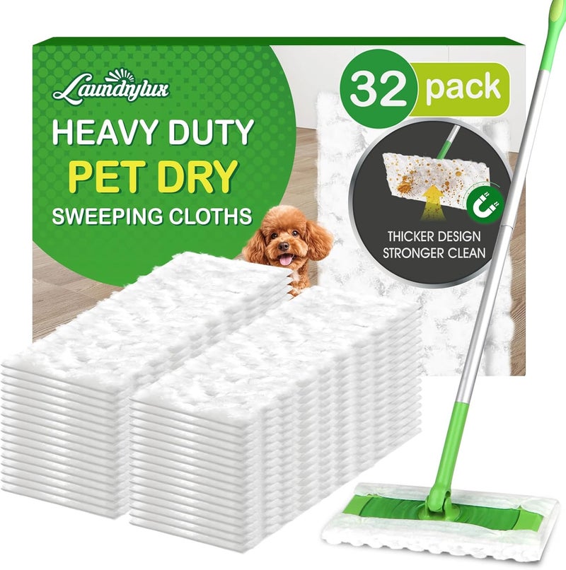 LAUNDRYLUX Heavy Duty Dry Sweeping Cloths Refills Compatible with Swiffer Sweeper, Multi Surface Pet Dry Pads Refill, Floor Cleaner for Dust, Hair, Dirt, Disposable Duster Mop Pad - 32 Count - Image 1